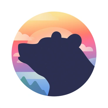 A silhouette of a bear's head is prominently featured in the foreground. The bear's ears and snout are clearly defined, creating a striking outline. Behind the bear's head, a vibrant sunset fills the background with a blend of warm hues, including shades of orange, pink, and purple. The colors transition smoothly, enhancing the contrast between the dark silhouette and the bright sky. The scene captures the majesty of nature, highlighting the bear's profile against the stunning sunset.
