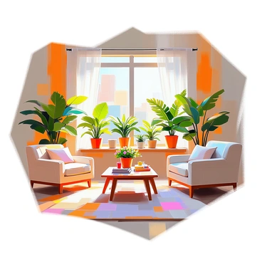 A cozy living room featuring a large window with sunlight streaming in, illuminating the space. Potted ferns are arranged on the windowsill, their lush green fronds cascading elegantly. In the corners of the room, additional potted ferns sit on shelves, enhancing the tropical ambiance. The furniture includes a comfortable sofa and a wooden coffee table, decorated with a small vase of flowers. A soft rug covers the floor, and warm hues of the walls contribute to the inviting atmosphere. A few decorative items, like books and candles, are placed strategically around the room.