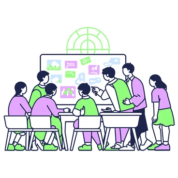 A group of students is gathered around a teacher, who is standing beside a board covered in illustrations pinned to it. The teacher is pointing at one of the illustrations with a marker in hand. The students, a mix of boys and girls, are attentively looking at the board. Some students are leaning forward, while others are taking notes. The illustrations on the board depict various subjects, including animals, landscapes, and abstract designs. The setting is a classroom with desks and chairs arranged in a semi-circle around the board. Natural light is streaming in through a window in the background.