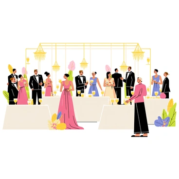 A glamorous gala event featuring elegantly arranged tables adorned with white tablecloths. Coupe glasses filled with sparkling champagne are placed on each table, reflecting light. Ornate chandeliers hang from the ceiling, casting warm light across the room. Guests are dressed in formal attire, with women in flowing evening gowns and men in tuxedos, mingling and enjoying the atmosphere. Decorative floral arrangements in assorted colors are positioned throughout the venue, adding to the festive ambiance.