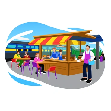A small café with a rustic wooden counter is situated on a bustling railway station platform. The café has a colorful awning that provides shade to several metal tables and chairs, where travelers sit and enjoy their drinks. A barista with a friendly smile is pouring hot coffee into a white cup. There are various pastries displayed on the counter, including croissants and muffins, all beautifully arranged. In the background, a train can be seen arriving at the platform, with passengers eagerly waiting to board. The atmosphere is lively, filled with the sounds of chatter and the distant whistle of the train.
