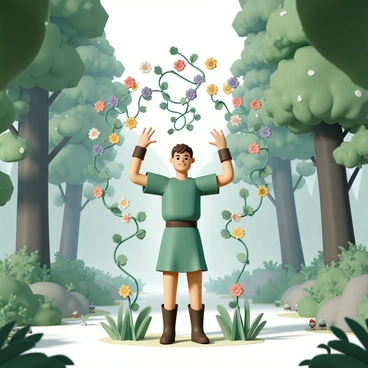 A hero, wearing a green tunic and brown leather boots, stands confidently in the center of a lush forest. Their arms are raised, and they are summoning a vibrant array of "vines and flowers" that are visibly growing rapidly from the ground. The vines twist and spiral around the hero, while colorful "flowers" bloom in shades of red, yellow, and purple. The forest is filled with tall trees, their leaves a brilliant green, casting dappled sunlight onto the forest floor. Small creatures can be seen peeking through the underbrush, watching the magical scene unfold.