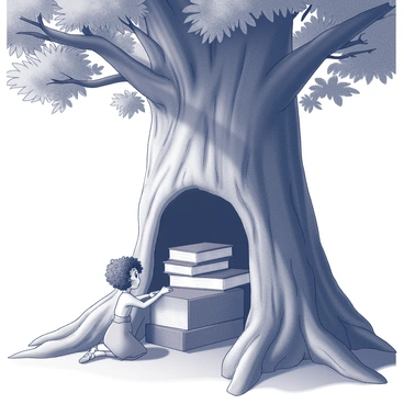 A large, ancient tree with a thick trunk and sprawling branches stands prominently in a lush green forest. Nestled within a hollow of the tree is a small, hidden compartment. A girl, with curly hair and wearing a simple dress, kneels beside the tree, peering inside the hollow. Stacked within the compartment are several worn books, each with faded covers and tattered pages. Sunlight filters through the leaves, creating dappled shadows on the ground around her. The atmosphere conveys a sense of secrecy and adventure, with leaves gently rustling in the breeze.