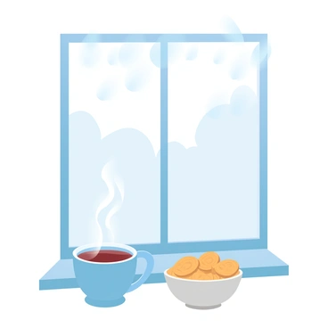 A window with droplets of rain cascading down the glass is showcased prominently. On the windowsill, there is a steaming cup of tea with wisps of steam rising above it. Next to the cup, a bowl filled with golden banana chips rests, its texture clearly visible. Outside the window, blurred outlines of trees can be seen, adding to the ambiance of the rainy day. Soft gradient pastel colors create a harmonious atmosphere throughout the scene.