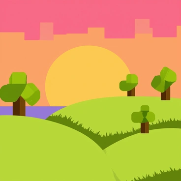 A sunset view over a blocky Minecraft landscape. The sky is filled with bright orange, pink, and purple hues as the sun dips below the horizon. In the foreground, there are green hills made of pixelated grass blocks, creating a rolling terrain. Scattered throughout the landscape are square-shaped trees with brown trunks and leafy green tops, adding to the vibrant scene. The overall composition highlights the contrast between the colorful sky and the geometric shapes of the terrain.