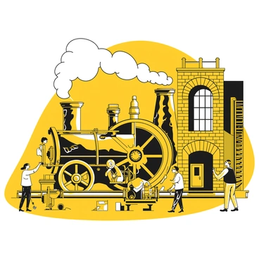 A steam engine is positioned prominently in a historical factory setting. The engine features large wheels and pipes, with steam visibly billowing into the air. The surrounding factory is made of brick and has large windows, some of which are slightly open, allowing smoke to escape. Workers in period-appropriate clothing are busy operating machinery and transporting materials around the factory floor. The atmosphere is filled with industrial elements, including gears and tools scattered throughout the space.