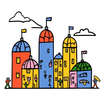 A vibrant city skyline with tall buildings shaped like different colorful umbrellas. Each umbrella structure showcases a unique design, featuring bright colors such as red, blue, yellow, and green. The buildings have rounded tops resembling the canopy of umbrellas, with intricate patterns and textures. The sky is clear with a few fluffy clouds, providing a cheerful backdrop to this imaginative cityscape. The ground is bustling with tiny figures walking and enjoying the lively atmosphere of this whimsical urban environment.