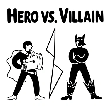 A hero wearing a flowing cape stands confidently on the left side, holding a shield in one hand and a sword in the other. The villain, clad in a dark, spiked armor, stands on the right side with crossed arms, a menacing posture. They are positioned in a dramatic stance, ready for combat. A jagged lightning bolt separates them in the background, reinforcing the tension of the face-off. Above the scene, the words "Hero vs. Villain" are prominently displayed in bold letters.
