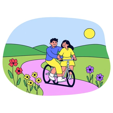 A couple riding bicycles on a countryside path. The path is lined with various colorful flowers, including bright red poppies, yellow daisies, and purple violets. The couple consists of a man wearing a blue shirt and a woman wearing a yellow dress. They are both smiling and enjoying their ride. In the background, there are rolling green hills and a clear blue sky. The sun is shining, casting gentle shadows on the path.