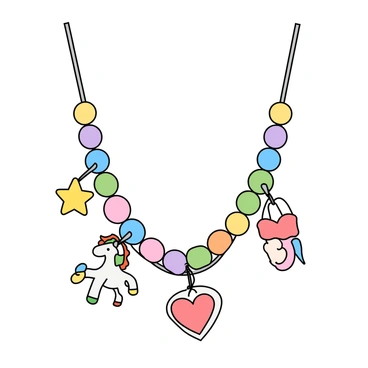 A colorful necklace made of soft pastel-colored beads, featuring various whimsical charms hanging from it. The beads are round and varied in size, creating a playful design. Among the charms are a small star, a tiny unicorn, and a heart, each crafted with intricate details and vibrant colors. The necklace is strung together on a thin, durable string, allowing the charms to dangle freely. The overall look is cheerful and inviting, perfect for a whimsical accessory.