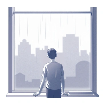 A figure stands in front of a large window, gazing out at the rainy scene outside. The window is covered in streaks of water, distorting the view beyond. The figure has a contemplative expression, with their head slightly tilted, eyes focused on the rain. Soft light filters through the glass, creating a muted atmosphere within the interior space. The figure is dressed in casual clothing, with one hand resting on the window sill, conveying a sense of stillness and introspection.