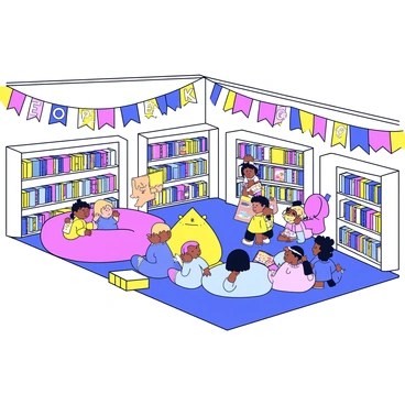A children's book expo takes place in a spacious hall filled with colorful book displays. There are rows of shelves showcasing books in bright, inviting covers featuring various illustrations. In one corner, interactive reading stations are set up with oversized cushions and bean bags where children can sit and read. A small group of kids is gathered around a storyteller who is animatedly reading from a large picture book. Fun decorations like hanging paper clouds and stars add to the lively atmosphere. Bright banners with the words “Book Expo” are displayed overhead.