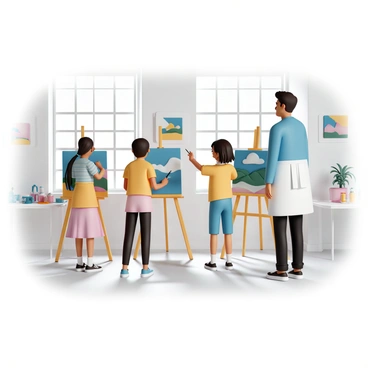 An art teacher, wearing a white apron over a blue shirt and black pants, stands in front of a group of students. The teacher is demonstrating painting techniques while holding a paintbrush in one hand and pointing to a colorful canvas on an easel. The students, four in total, are focused on their own easels, each painting a unique scene. The studio is filled with natural light streaming through large windows, illuminating the vibrant colors on the canvases. Various art supplies, including paint tubes and brushes, are scattered on tables around the room. The walls are decorated with colorful artwork created by previous students.