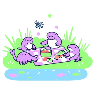 Crawfish and other river creatures are having a picnic on a small riverbank. The scene features several crawfish sitting on a checkered blanket spread across the grass. Among them, there is a cheerful turtle and a playful frog, all enjoying a variety of food. A small basket filled with fruits and vegetables is placed at one corner of the blanket. Nearby, a dragonfly hovers over the picnic, while a few fish can be seen swimming in the clear water of the river. Lush greenery surrounds the area, providing a vibrant backdrop to the cheerful gathering.