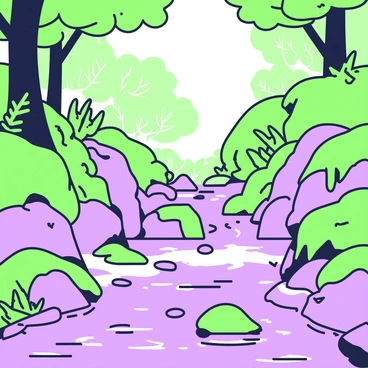 A close-up view of moss-covered rocks in a forest stream. The rocks are various sizes, with a thick layer of green moss clinging to their surfaces. The water flows gently over the stones, creating small ripples and reflecting light. Ferns and small plants grow along the bank of the stream, adding texture to the scene. Sunlight filters through the leaves of tall trees overhead, casting soft shadows on the water and rocks.