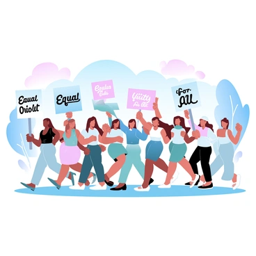 A group of women of various ages is marching together, each holding colorful banners that display messages for equality. The women are dressed in a mix of casual and formal attire, with some wearing bright scarves and hats. The banners include phrases such as "Equal Rights" and "Unity for All." The scene is filled with an array of pastel colors from the banners and the clothing. The women are positioned in a line, marching forward with determination. In the background, there are trees and a clear sky, adding to the vibrant atmosphere of the march.