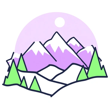 A range of mountains with snow-covered peaks rising majestically against a night sky. The mountains are illuminated by a soft glow from the moon, creating a tranquil atmosphere. In the foreground, there are scattered pine trees with their branches lightly dusted with snow. Below the mountains, a serene valley can be seen, with gentle slopes leading toward the base of the mountains. The moon is positioned high above, casting a gentle light that highlights the contours and textures of the snowy landscape.