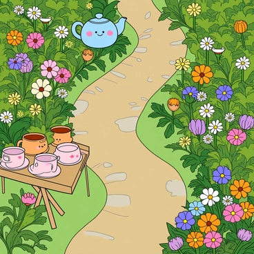 A vibrant tea garden filled with lush green plants and colorful flowers in full bloom. In the center, there are several kawaii teapots, each with a distinct design, featuring smiling faces and rosy cheeks. Beside them, an assortment of cute teacups, some decorated with little hearts and stars, are arranged on a small wooden table. The flowers surrounding the scene are bright and cheerful, including daisies, tulips, and pansies, creating a lively atmosphere. A soft, winding path made of stones leads through the garden, inviting visitors to explore this delightful setting.