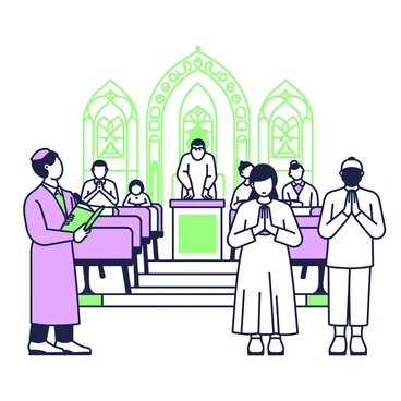 A group of people is gathered inside a synagogue, all wearing white attire. In the foreground, several individuals are standing with their heads bowed, engaging in prayer. To the left, a man with a kippah is holding a prayer book, while next to him, a woman is gently clasping her hands together in devotion. In the background, rows of benches are visible, where more congregants are seated and also praying reverently. The room features ornate decorations and a prominent ark in the center, with light filtering through stained glass windows, casting intricate patterns on the floor.