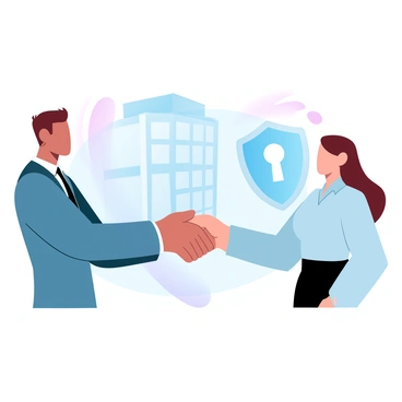 A handshake between a man in a business suit and a woman in a blouse. The man is extending his right hand towards the woman, who is reaching out to grasp it firmly. They are positioned in front of a backdrop of a large building with a glass facade, symbolizing a professional environment. A large graphic of a shield is visible behind them, representing security and trust. The scene is filled with gradient pastel colors, enhancing the atmosphere of optimism and assurance.