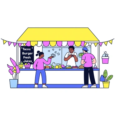 A lively street food stand with a bright yellow awning. The stand features a colorful menu painted on the wall, showcasing various items in bold letters, including "Tacos", "Burgers", and "Fresh Juices". The stand is surrounded by cheerful decorations such as string lights and vibrant banners. A customer is standing at the counter, eagerly looking at the menu while the vendor prepares food in front of them. The scene is filled with an assortment of fresh ingredients displayed attractively on the counter.