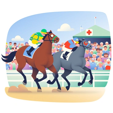 A close-up view of a photo-finish moment at a horse race captures the intense excitement of the scene. In the foreground, two galloping horses are neck and neck, their hooves pounding the dirt track. The first horse is a powerful bay with a shiny coat, while the second horse is a striking gray. Both jockeys are leaning forward, urging their mounts to cross the finish line first, their colorful silks fluttering in the wind. 

In the background, a large crowd of cheering spectators fills the stands. A mix of hats and high-energy expressions can be seen as people wave their hands in joy. Colorful banners and flags are displayed throughout the stands, enhancing the atmosphere of celebration. The bright blue sky overhead contrasts with the vibrant colors of the race, creating an intense and thrilling moment in time.