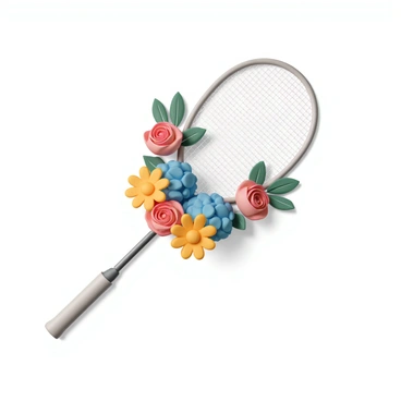 A badminton racket, featuring a sleek, metallic frame and a stringed head, is positioned diagonally across the image. It is wrapped in a garland of fresh, colorful flowers, including bright red roses, sunny yellow daisies, and vibrant blue hydrangeas, creating a striking contrast against the racket's shiny surface. The flowers are lush and full, with green leaves interspersed among them, adding depth to the arrangement. The background is softly blurred to emphasize the badminton racket and the floral garland, enhancing the focal point of the composition.