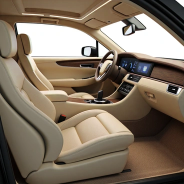 The interior of a luxury car featuring plush, cream-colored leather seats with intricate stitching. The seats are ergonomically designed, providing both comfort and style. The dashboard is sleek and modern, equipped with a large touchscreen display that shows various controls. There are luxurious wooden accents around the dashboard, and the steering wheel is wrapped in soft leather. Ambient lighting illuminates the interior, creating an upscale atmosphere. The car flooring is covered with a deep-pile carpet, enhancing the sense of luxury.