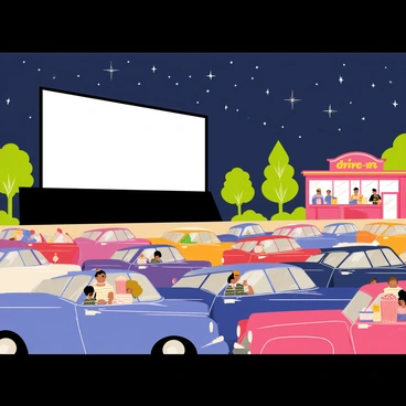 A 1950s drive-in movie theater with a large, rectangular outdoor screen displaying a classic black-and-white film. Vintage cars of various colors and models are lined up in neat rows, some with their windows rolled down and others with families enjoying a picnic on the hoods. Brightly lit concession stands are visible in the background, with people holding popcorn and drinks. The night sky is filled with twinkling stars, casting a nostalgic atmosphere over the entire scene. The sign of the drive-in theater glows with retro neon lights.