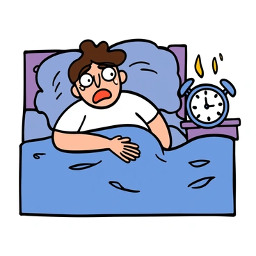 Close-up of a light-skinned person with big eyes and disheveled hair lying in bed. The person is sweating, with wide eyes conveying fear, and their mouth slightly open as if gasping. They are wearing a simple white t-shirt. The bed is unmade with rumpled sheets, and there is a bedside table with a clock showing an early hour. The room is dimly lit, and the person's expression reflects the intensity of waking from a nightmare.