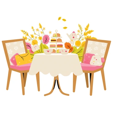 A cozy tea time setup featuring a small round wooden table covered with a light beige tablecloth. On the table, there are delicate teacups with floral designs and a teapot with a matching pattern. A selection of pastries, including fluffy croissants, colorful macarons, and fruit tarts, are artfully arranged on a tiered cake stand. Surrounding the table, there are cushioned chairs with soft, patterned upholstery. In the background, a vibrant garden filled with golden and orange autumn leaves and blooming flowers is visible, with a gentle breeze causing some leaves to drift down.