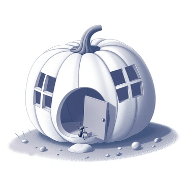 A large pumpkin, hollowed out to create a dwelling for an ant. The pumpkin features cut-out windows on its curved surface, with small rectangular shapes serving as the windows and a tiny door beneath them. The door is slightly ajar, inviting. An ant stands in front of the door, its antennae extended as it explores its home. The pumpkin rests on a patch of grass, surrounded by small pebbles that create a natural pathway leading to the entrance.
