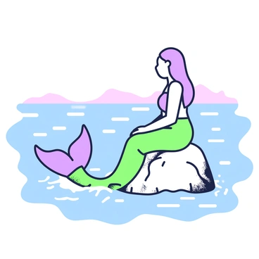 A mermaid with long flowing hair is sitting on a rock in the ocean. Her tail is shimmering, blending with the surrounding water. She is gazing out towards the horizon, deep in contemplation. The rock is textured and wet from the waves crashing against it. The ocean stretches out in front of her, with gentle ripples reflecting the light. In the distance, the sky meets the water, creating a serene line where they merge.