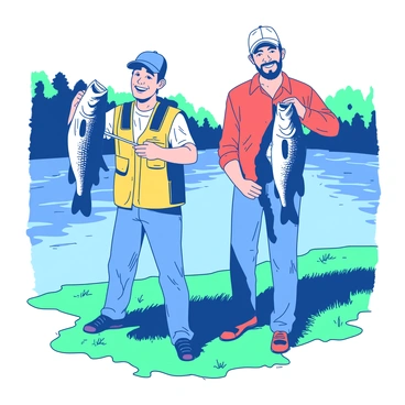 Two anglers are standing side by side on a grassy riverbank, each excitedly holding a largemouth bass in their hands. The first angler wears a blue cap and a yellow fishing vest, while the second angler has a white cap and a red shirt. Both men have broad smiles on their faces as they proudly display their catches. The river flows gently in the background, with trees lining the opposite bank, casting reflections on the water's surface. Small ripples surround the anglers' feet where the water meets the shore.