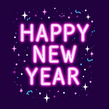 A bright neon sign in the shape of the words "Happy New Year" is prominently displayed. The sign emits a vibrant glow, capturing attention with its bold letters. Surrounding the sign, there are numerous sparkling elements that twinkle and shimmer, creating an atmosphere of celebration. The sparkles vary in size, adding dynamic visual interest around the sign. The background is dark, making the neon colors stand out vividly.