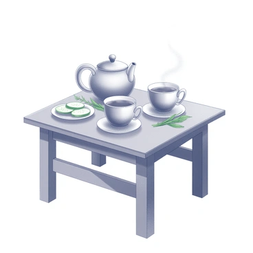 A small wooden table set for tea. On the table, there is a delicate teapot with a curved spout and matching teacups. The teapot is steaming, indicating that the herbal tea is fresh. Next to the teapot, there is a small plate with thinly sliced cucumber arranged neatly. A few sprigs of fresh herbs are placed beside the teacups, enhancing the inviting atmosphere. The setting is surrounded by a soft, textured tablecloth that adds to the cozy feel of the scene.