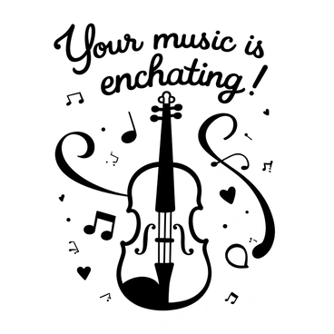 A violin is positioned prominently in the center, with musical notes swirling around it in a dynamic, flowing motion. The words "Your music is enchanting!" are displayed above the violin in an elegant font. The background features a variety of musical symbols, creating a harmonious atmosphere around the instrument.