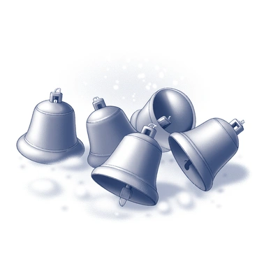 A close-up view of several sleigh bells resting on a white, snow-covered surface. The bells are shiny and metallic, reflecting light from their surfaces. Some bells are clustered together, creating a textured and rhythmic arrangement. In the background, soft, fluffy snowflakes gently blanket the ground, enhancing the wintry atmosphere. The scene captures the intricate details of the bells, emphasizing their shape and the small jingling mechanisms inside. The composition focuses on the contrast between the shiny metal of the bells and the soft, pristine snow surrounding them.