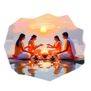 A group of individuals dressed in traditional attire is gathered on the banks of the Ganges River, performing an Aarti ceremony. The sky is painted in warm hues of orange and pink as the sun sets on the horizon, casting a golden glow on the scene. In the foreground, several small, flickering lamps are gently floating on the surface of the river, their reflections shimmering in the water. The participants hold brass platters filled with flowers, incense, and oil lamps, their faces illuminated by the soft light. The atmosphere is filled with a sense of reverence and community as they chant prayers together.