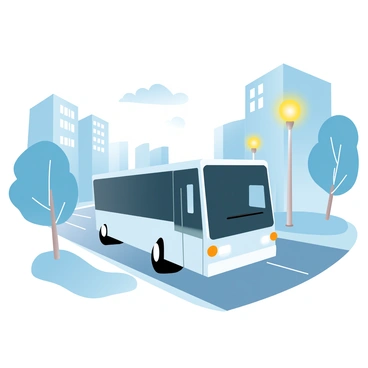 A white bus is parked under the glow of yellow streetlights on a quiet city street at night. The bus has its headlights on, casting a soft light onto the pavement. Surrounding the bus are tall buildings with darkened windows, suggesting the late hour. A few trees line the street, their leaves gently rustling in a light breeze. The street is empty, with only the faint outline of a distant lamppost adding to the serene atmosphere.