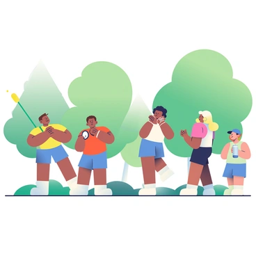 A group of four friends is gathered in a green park, cheering for each other as they take turns practicing their javelin throws. One friend with short brown hair is preparing to throw a bright yellow javelin, while another friend with curly black hair stands nearby, clapping with excitement. A third friend with long blonde hair is holding a stopwatch, ready to time the throws. The fourth friend, wearing a blue cap, is watching intently from a distance, holding a white water bottle. The background features tall trees with lush green leaves and a clear blue sky.