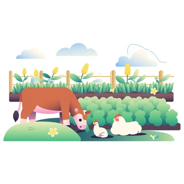 An eco-friendly farm is depicted with a wide variety of crops and animals. The scene includes rows of green crops, such as corn and leafy greens, growing in fertile soil. A few colorful flowers are interspersed among the crops. In the background, there are several farm animals, including a brown cow grazing, white chickens pecking at the ground, and a couple of sheep resting on a patch of grass. A gentle breeze is flowing through the scene, causing the leaves to flutter, indicating the process of gas exchange. Above, the sky is clear with a few fluffy clouds drifting lazily. The farm is surrounded by a wooden fence, adding to the rustic charm of the environment.