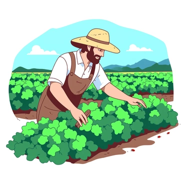 A farmer wearing a straw hat is gently inspecting rows of green crops in a vibrant field. The crops are lush and full of life, with deep green leaves flourishing in the sunlight. Alongside the crops, clusters of red ladybugs are seen crawling on the plants, indicating natural pest control. The farmer holds a small wooden gardening tool in one hand while the other hand reaches out to touch the leaves, ensuring the health of the plants. In the background, a clear blue sky stretches over the scene, casting soft shadows across the field.