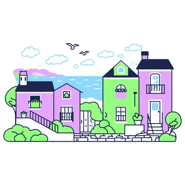 A quaint Mediterranean village is nestled along a coastline. The village features houses in a variety of architectural styles, each with unique elements such as balconies and flower pots. The houses have vibrant colors, creating a lively atmosphere. In the background, a serene sea is visible, its waves gently lapping against the shore. The sky is clear, and a few seagulls can be seen flying over the water. Potted plants with greenery add life to the scene, positioned on the steps leading to the houses. A narrow cobblestone path winds through the village, connecting each house and inviting exploration.