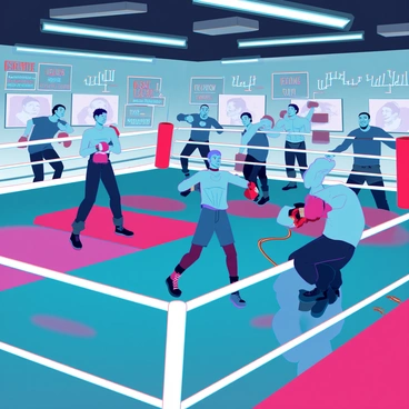 A bustling boxing gym with multiple fighters training on different equipment