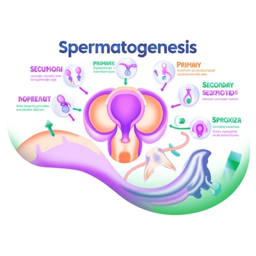 An infographic displaying the entire process of "spermatogenesis" in a clear and engaging manner. The central focus is a large, labeled diagram of the male reproductive system, including structures such as the testes and seminiferous tubules. Surrounding the central diagram are several smaller illustrations, each representing key stages of spermatogenesis, such as spermatogonia, primary spermatocytes, secondary spermatocytes, spermatids, and spermatozoa. Each stage is labeled with bold, colorful text. Additional engaging visuals include arrows indicating the flow of the process and icons representing relevant biological functions. The overall layout is visually appealing and easy to follow.