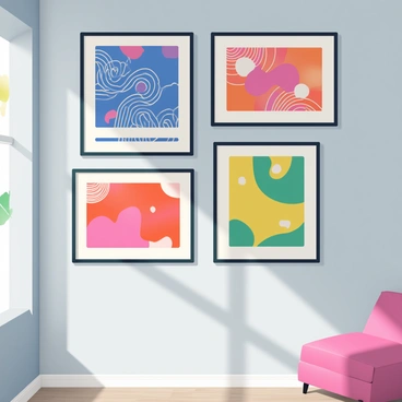A vibrant collection of serigraph prints is hanging on a light gray wall. The prints feature various abstract designs in bright colors, including deep blues, vivid reds, and sunny yellows. Each print has unique shapes and patterns, with some displaying swirling lines and others showcasing geometric forms. The prints are framed in simple black frames, enhancing the bold colors of the art. The prints are arranged in a creative layout, with varying sizes and orientations to add visual interest. Natural light is filtering in from a nearby window, casting soft shadows on the wall.