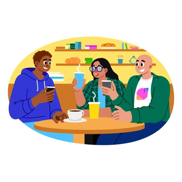 A cozy coffee shop filled with warm light and wooden furniture is bustling with energy. In the center, a group of three teens is engaged in a lively conversation. One teen has short, curly brown hair and is wearing a blue hoodie. Another has long, straight black hair, wearing glasses and a green plaid shirt. The third teen has a shaved head and is dressed in a graphic t-shirt. Each of them is holding a colorful drink, with a steaming coffee cup on the table between them. The background features shelves filled with books and various pastries displayed behind the counter.