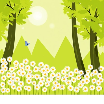 The edge of a green forest with tall, leafy trees creating a natural border. The ground is covered with a dense growth of white and yellow daisies, their petals vibrant and cheerful. Sunlight filters through the leaves of the trees, casting dappled light on the flowers. The scene conveys a sense of lushness and abundance, with some daisies partially shaded by the tree branches. A few butterflies flit among the daisies, adding movement to the tranquil forest edge.