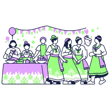 A jigsaw puzzle showing a lively cultural festival scene. In the center, a group of people is dancing in traditional costumes, showcasing intricate patterns and vibrant details. To the left, a vendor is selling various foods displayed on a colorful table, with steaming dishes and fruits arranged attractively. In the background, festive decorations adorn the surroundings, while spectators are clapping and enjoying the performance. Balloons and banners add to the festive atmosphere.